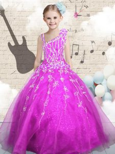 Asymmetric Sleeveless Lace Up Little Girl Pageant Gowns Fuchsia Organza