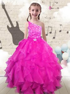 Hot Selling One Shoulder Hot Pink Organza Lace Up Little Girls Pageant Gowns Sleeveless Floor Length Beading and Ruffles