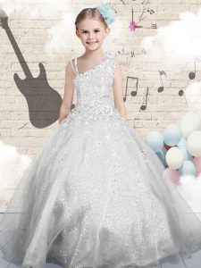 Floor Length Silver Glitz Pageant Dress Organza Sleeveless Beading and Appliques and Hand Made Flower