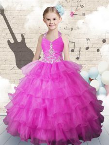 Beauteous Halter Top Ruffled Fuchsia Sleeveless Organza Lace Up Girls Pageant Dresses for Party and Wedding Party