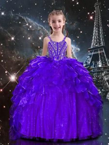Nice Dark Purple Ball Gowns Beading and Ruffles Little Girl Pageant Dress Lace Up Organza Sleeveless Floor Length