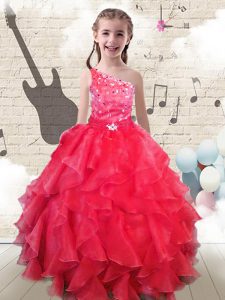 Fashionable One Shoulder Organza Sleeveless Floor Length Little Girl Pageant Gowns and Beading and Ruffles