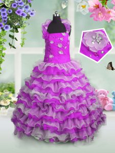 Fuchsia Organza Lace Up Straps Sleeveless Floor Length Pageant Dress for Teens Beading and Appliques and Ruffled Layers