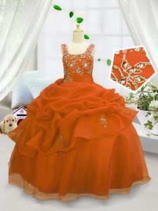 Dazzling Organza Straps Sleeveless Lace Up Beading and Pick Ups Pageant Dress for Teens in Orange