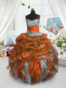 Sweet Sleeveless Organza Floor Length Lace Up Girls Pageant Dresses in Rust Red with Beading and Ruffles and Pick Ups