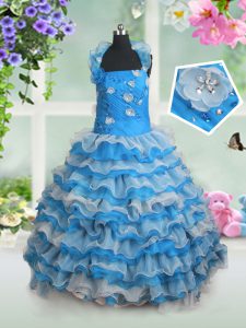 Fine Sleeveless Lace Up Floor Length Beading and Appliques and Ruffled Layers Pageant Gowns For Girls