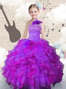 Classical One Shoulder Sleeveless Lace Up Pageant Dress Toddler Purple Organza