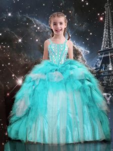 Fitting Aqua Blue Ball Gowns Beading and Ruffles Kids Pageant Dress Lace Up Organza Sleeveless Floor Length