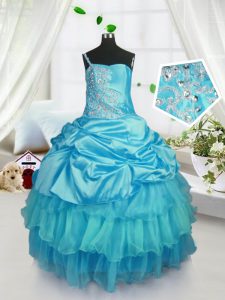 Exquisite Pick Ups Aqua Blue Sleeveless Organza Lace Up Pageant Gowns For Girls for Military Ball and Sweet 16 and Quinc