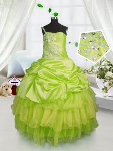 One Shoulder Yellow Green Satin and Tulle Lace Up Pageant Dresses Sleeveless Floor Length Beading and Ruffled Layers and
