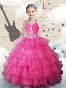 Best Selling Halter Top Sleeveless Beading and Ruffled Layers Lace Up Girls Pageant Dresses