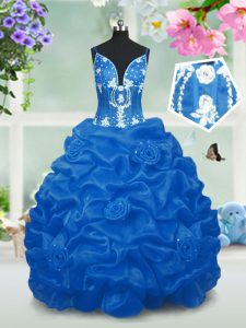 New Arrival Pick Ups V-neck Sleeveless Lace Up Little Girl Pageant Gowns Aqua Blue Taffeta