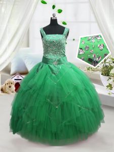 Charming Straps Sleeveless Kids Pageant Dress Floor Length Beading and Ruffles Turquoise Tulle