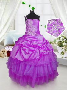 Best Satin and Tulle One Shoulder Sleeveless Lace Up Beading and Ruffled Layers and Pick Ups Little Girl Pageant Dress i