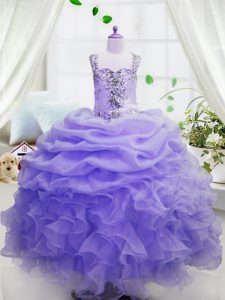 Sweet Lavender Organza Zipper Kids Pageant Dress Sleeveless Floor Length Beading and Ruffles and Pick Ups