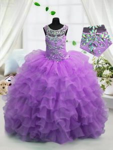 Dazzling Organza Scoop Sleeveless Lace Up Beading and Ruffled Layers Kids Pageant Dress in Lavender