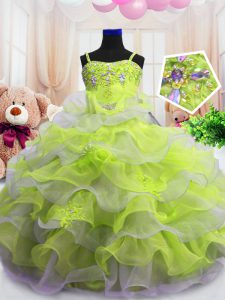 Floor Length Light Yellow Pageant Gowns For Girls Organza Sleeveless Beading and Ruffled Layers