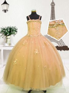 Cute Sleeveless Tulle Floor Length Zipper Child Pageant Dress in Light Yellow and Gold with Beading and Appliques