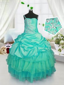 Top Selling Organza Strapless Sleeveless Lace Up Beading and Ruffled Layers and Pick Ups Pageant Dress for Teens in Turq