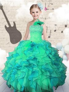 Eye-catching Turquoise One Shoulder Lace Up Beading and Ruffles Kids Pageant Dress Sleeveless