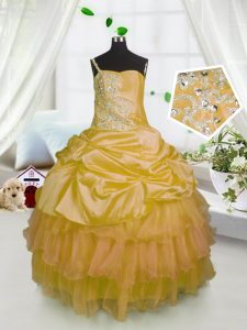 Orange Lace Up One Shoulder Beading and Ruffled Layers and Pick Ups Little Girls Pageant Dress Wholesale Satin and Tulle