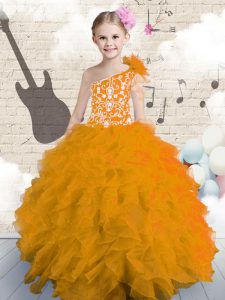 Admirable One Shoulder Sleeveless Organza Floor Length Lace Up Pageant Gowns For Girls in Orange with Embroidery and Ruf