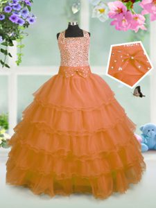 Excellent Orange Straps Zipper Beading and Ruffled Layers and Bowknot Pageant Gowns For Girls Sleeveless