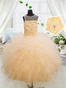 Scoop Floor Length Zipper Pageant Gowns Orange for Party and Wedding Party with Beading and Appliques
