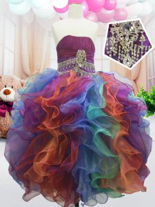 High End Organza Strapless Sleeveless Zipper Beading and Ruffles Little Girls Pageant Dress in Multi-color
