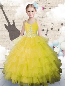 Halter Top Yellow Green Ball Gowns Beading and Ruffled Layers Evening Gowns Lace Up Organza Sleeveless Floor Length