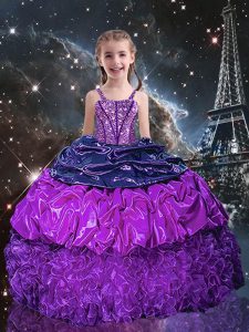 Fantastic Spaghetti Straps Sleeveless Pageant Dress Toddler Floor Length Beading and Ruffles and Pick Ups Eggplant Purpl