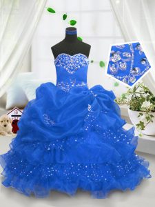 Attractive Floor Length Lace Up Little Girls Pageant Dress Wholesale Blue for Party and Wedding Party with Beading and R