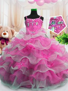Fancy Hot Pink Ball Gowns Spaghetti Straps Sleeveless Organza Floor Length Zipper Beading and Ruffled Layers Pageant Dre