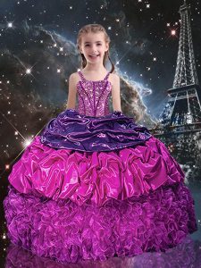 Adorable Purple Sleeveless Beading and Ruffles and Pick Ups Floor Length Pageant Gowns For Girls