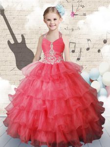 Halter Top Sleeveless Pageant Gowns Floor Length Ruffled Layers Coral Red Organza