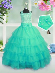 High End Turquoise Square Neckline Beading and Ruffled Layers Little Girls Pageant Dress Wholesale Sleeveless Lace Up