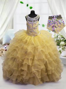 Elegant Scoop Sleeveless Floor Length Beading and Ruffled Layers Lace Up Pageant Dress for Womens with Light Yellow