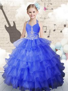 Colorful Halter Top Sleeveless Beading and Ruffled Layers Lace Up Little Girl Pageant Dress