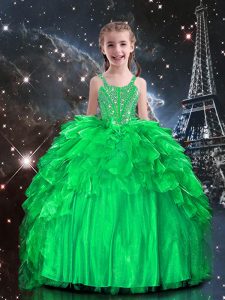 Perfect Apple Green Organza Lace Up Spaghetti Straps Sleeveless Floor Length Little Girls Pageant Dress Beading and Ruff