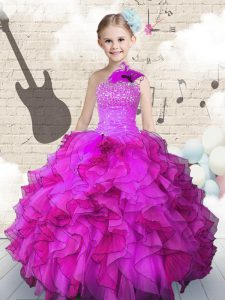 Graceful Floor Length Fuchsia Kids Pageant Dress One Shoulder Sleeveless Lace Up