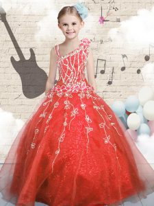 Custom Design Sleeveless Tulle Floor Length Lace Up Little Girls Pageant Dress Wholesale in Orange Red with Appliques