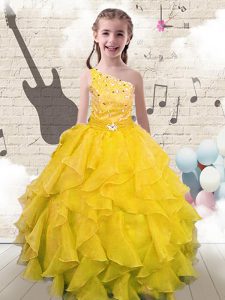 One Shoulder Yellow Lace Up Little Girl Pageant Gowns Beading and Ruffles Sleeveless Floor Length