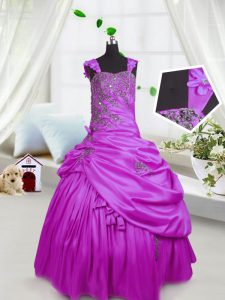 Fuchsia Satin Lace Up Straps Sleeveless Floor Length Little Girls Pageant Gowns Beading and Pick Ups