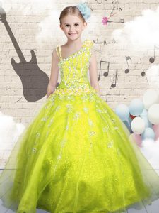 Admirable Floor Length Ball Gowns Sleeveless Yellow Green Evening Gowns Lace Up