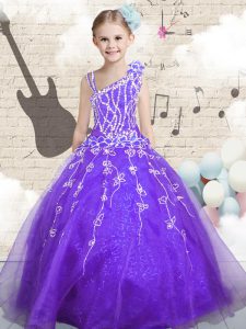 Sleeveless Floor Length Beading and Appliques and Hand Made Flower Lace Up High School Pageant Dress with Lilac