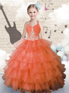 Popular Ruffled Ball Gowns Pageant Dress Wholesale Orange Halter Top Organza Sleeveless Floor Length Lace Up