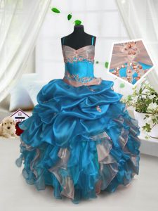 Pick Ups Floor Length Ball Gowns Sleeveless Baby Blue Pageant Dresses Lace Up