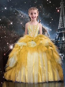 Gold Spaghetti Straps Neckline Beading and Ruffled Layers Pageant Dress for Girls Sleeveless Lace Up