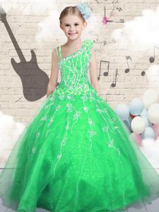 Fine Organza Asymmetric Sleeveless Lace Up Beading and Appliques and Hand Made Flower Little Girl Pageant Gowns in Green