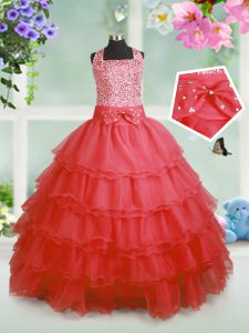 Straps Sleeveless Zipper Little Girl Pageant Dress Coral Red Organza